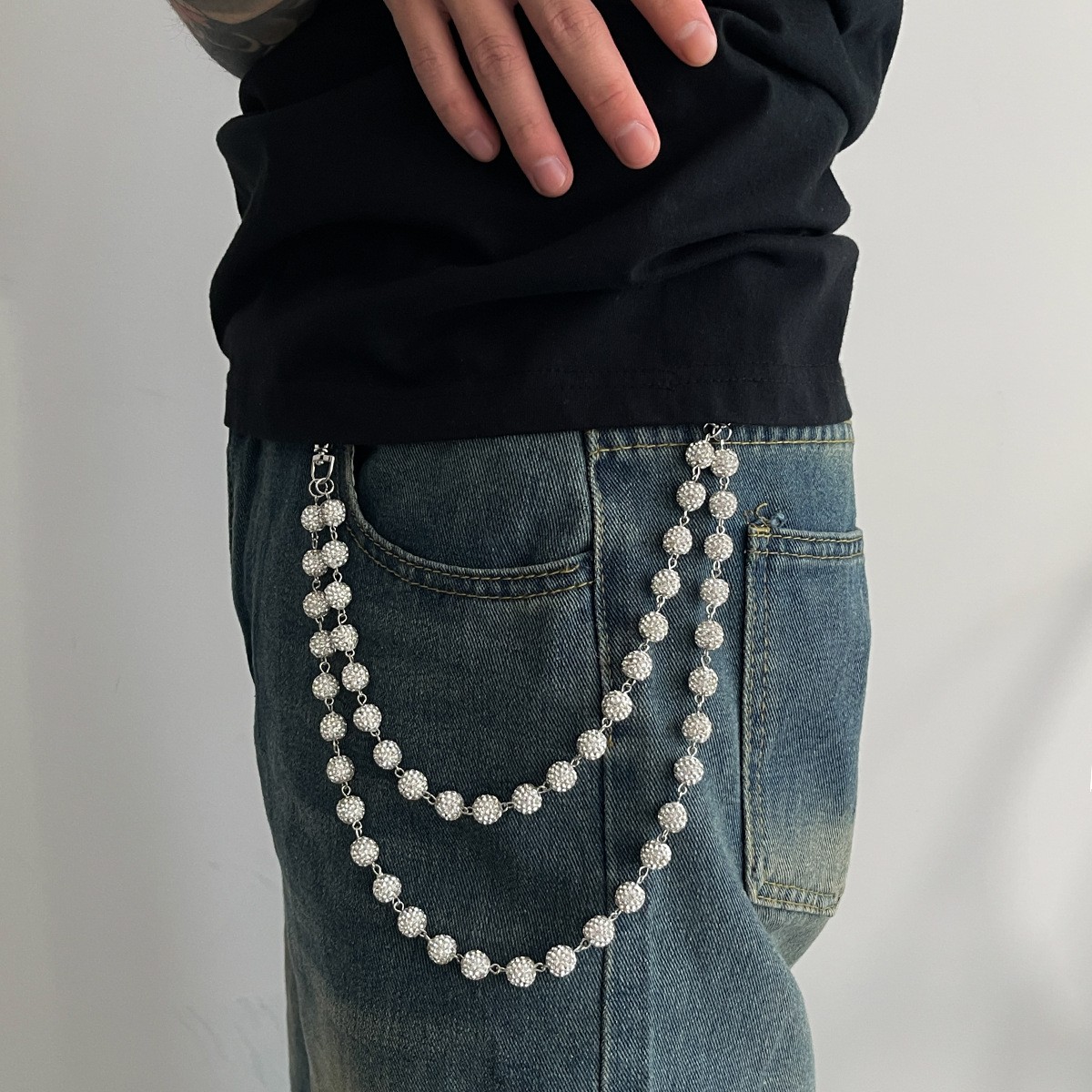 Round Chain Cubic Zirconia Bead Waist Chain Stainless Hip-hop Jeans Accessory