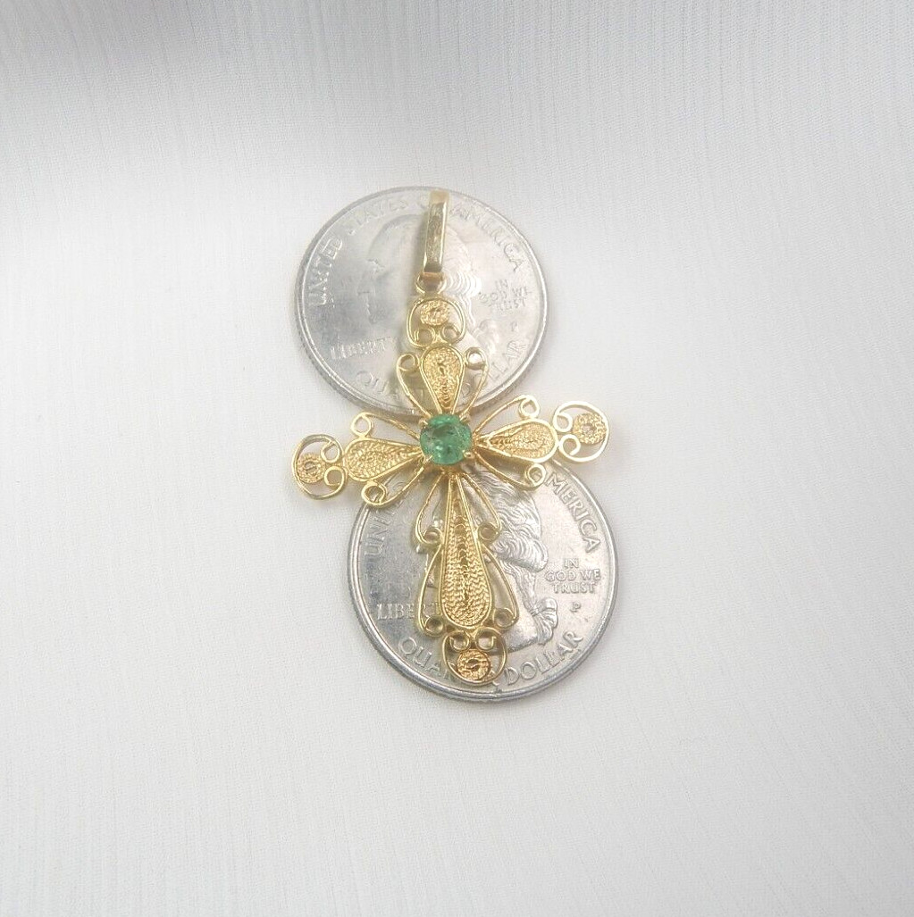 Colombian Round Emerald Pendant 0.40 Cts Sterling Silver Gold Plated Filigree