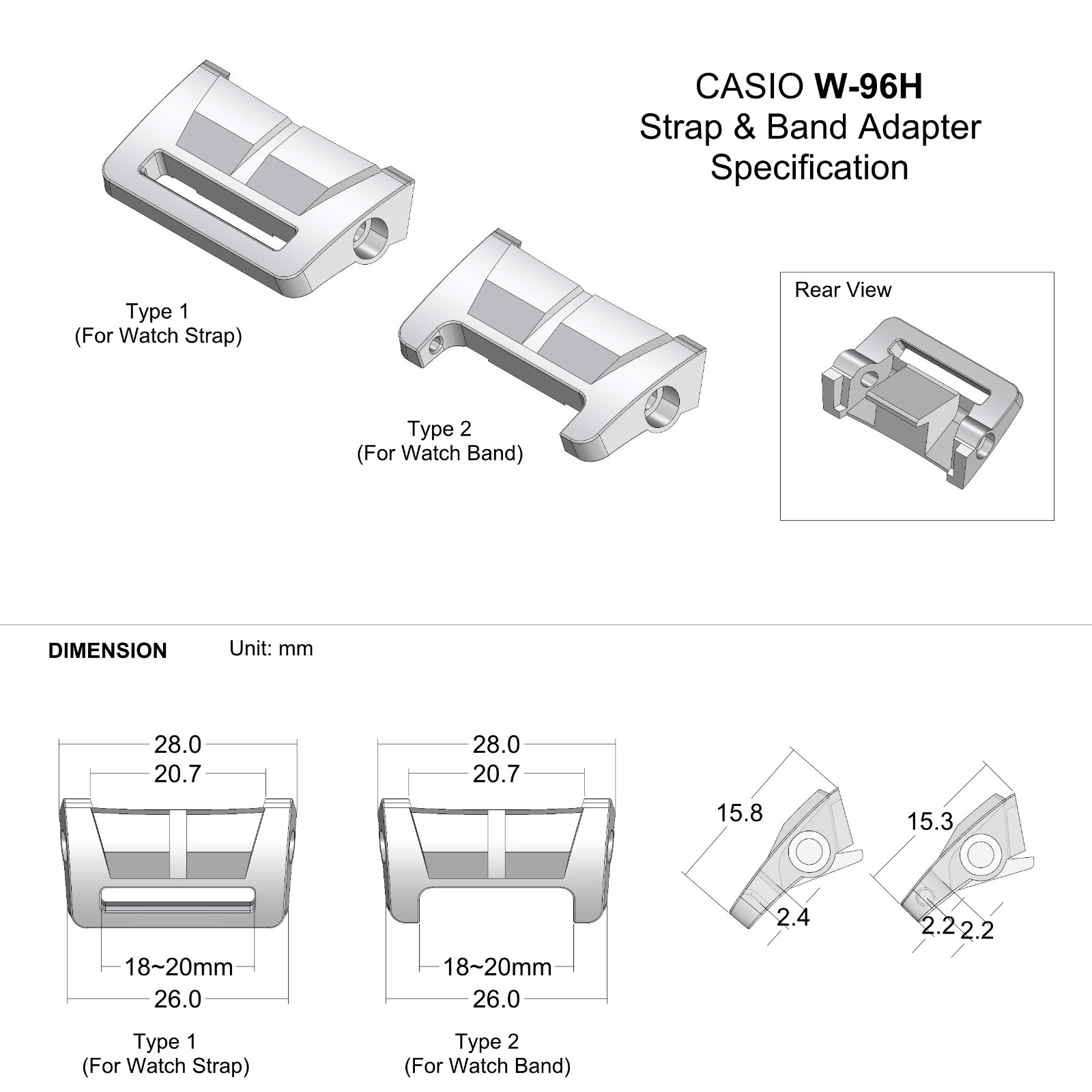 Tough Resin Strap & Band Adapter for Casio W96H Digital Watch