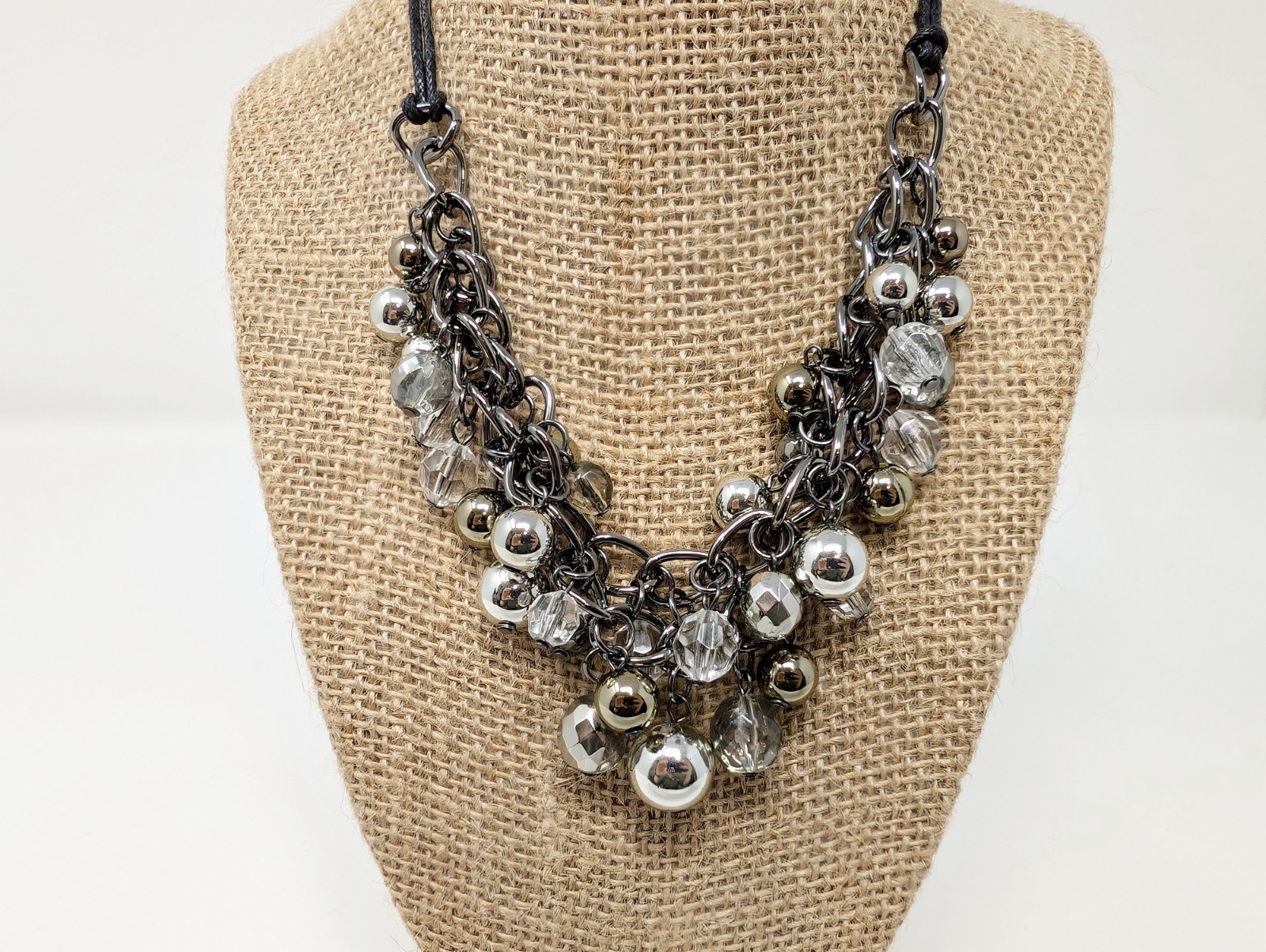 Silver Tone Necklace Beaded Statement Multi-Strand Chunky Cluster Black Cord