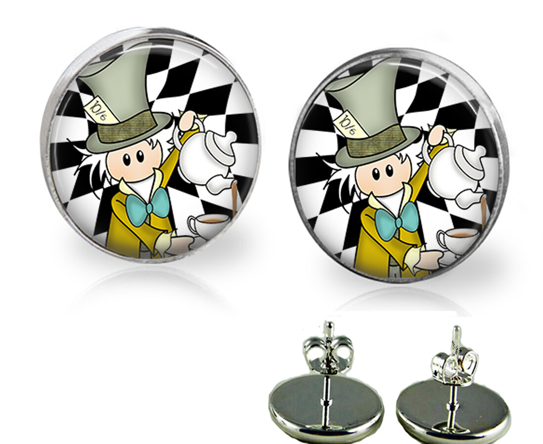 Alice In Wonderland Mad Hatter Tea Party Stud Earrings Handcrafted Photo Jewelry