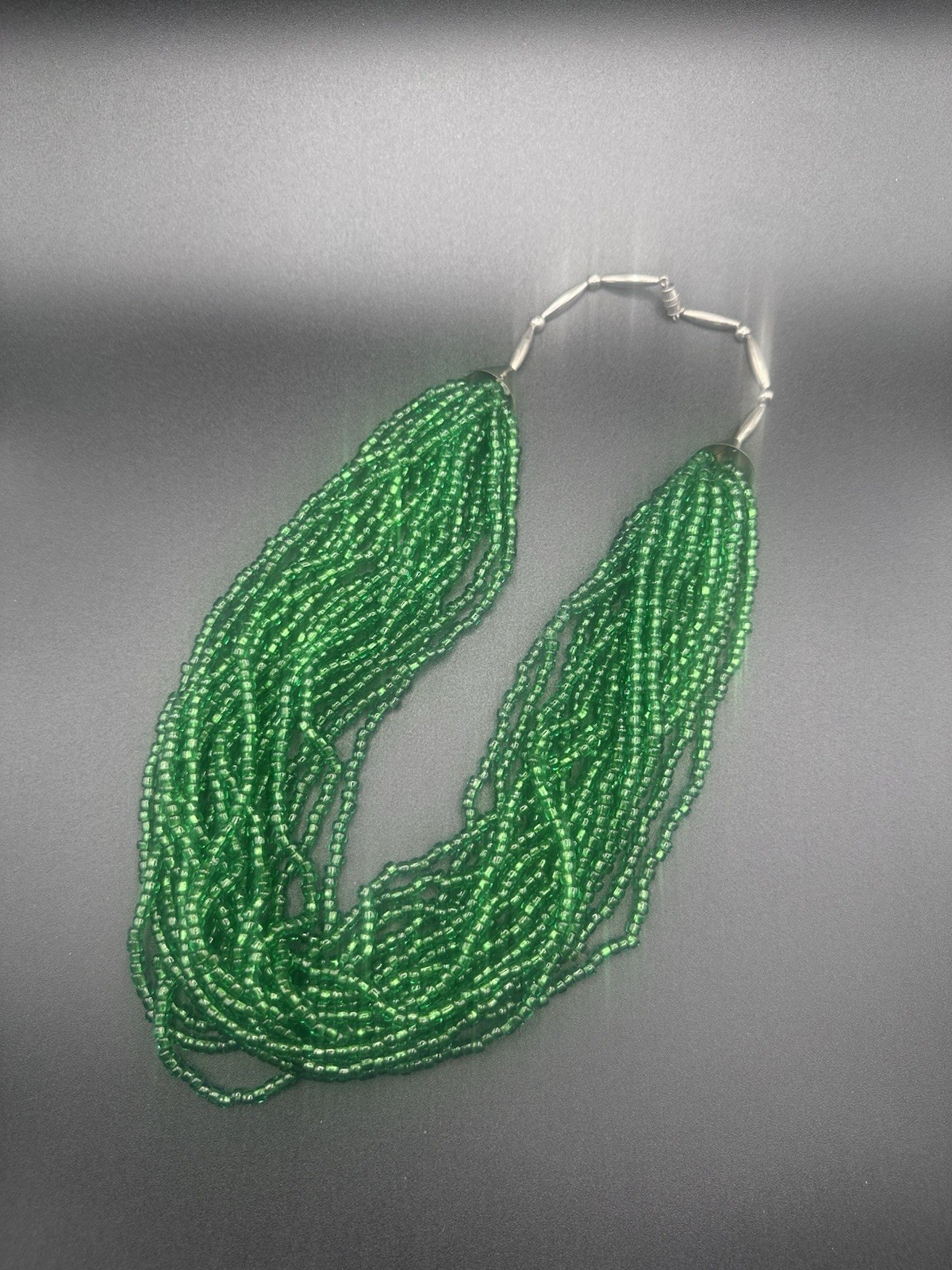 Vintage Southwestern Multi Strand Green Glass Seed Bead Necklace Silver Tone