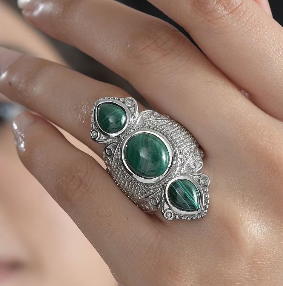 African Malachite 3 Stone Size 7 Ring in Luxury Stainless Steel 12.30 Ctw (316L)