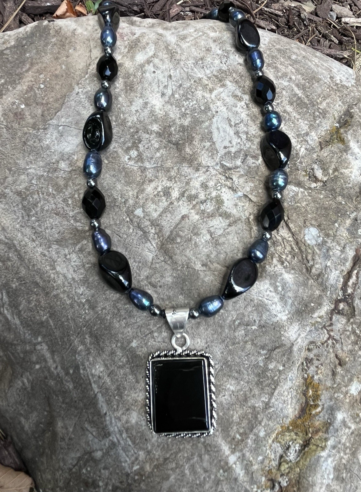Black Agate 925 Pendant with Black Pearl, Agate & Hematite Accents ~ Handcrafted