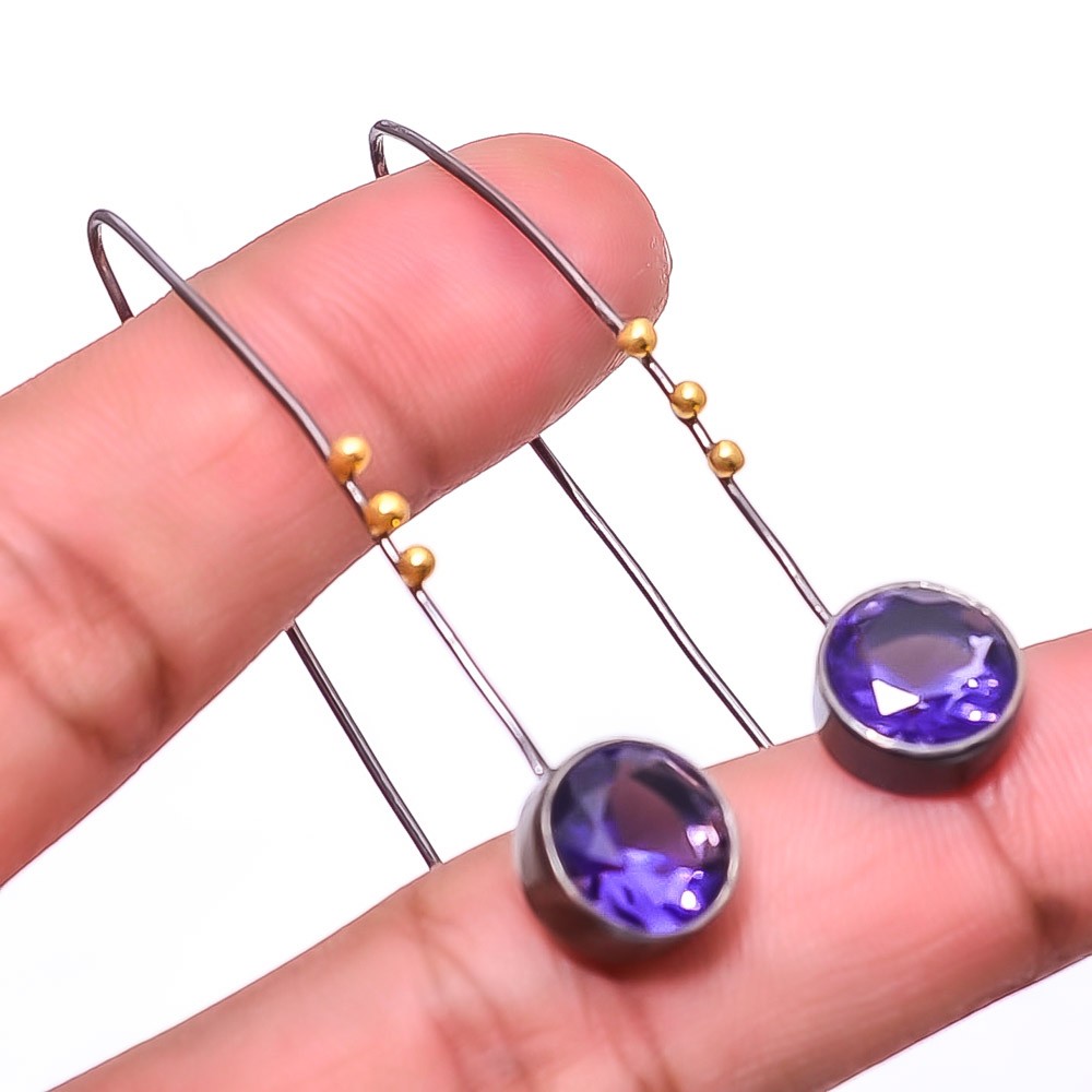 Purple Amethyst 925 Silver Black And Gold Rhodium Plated Earring 1.95″ E31