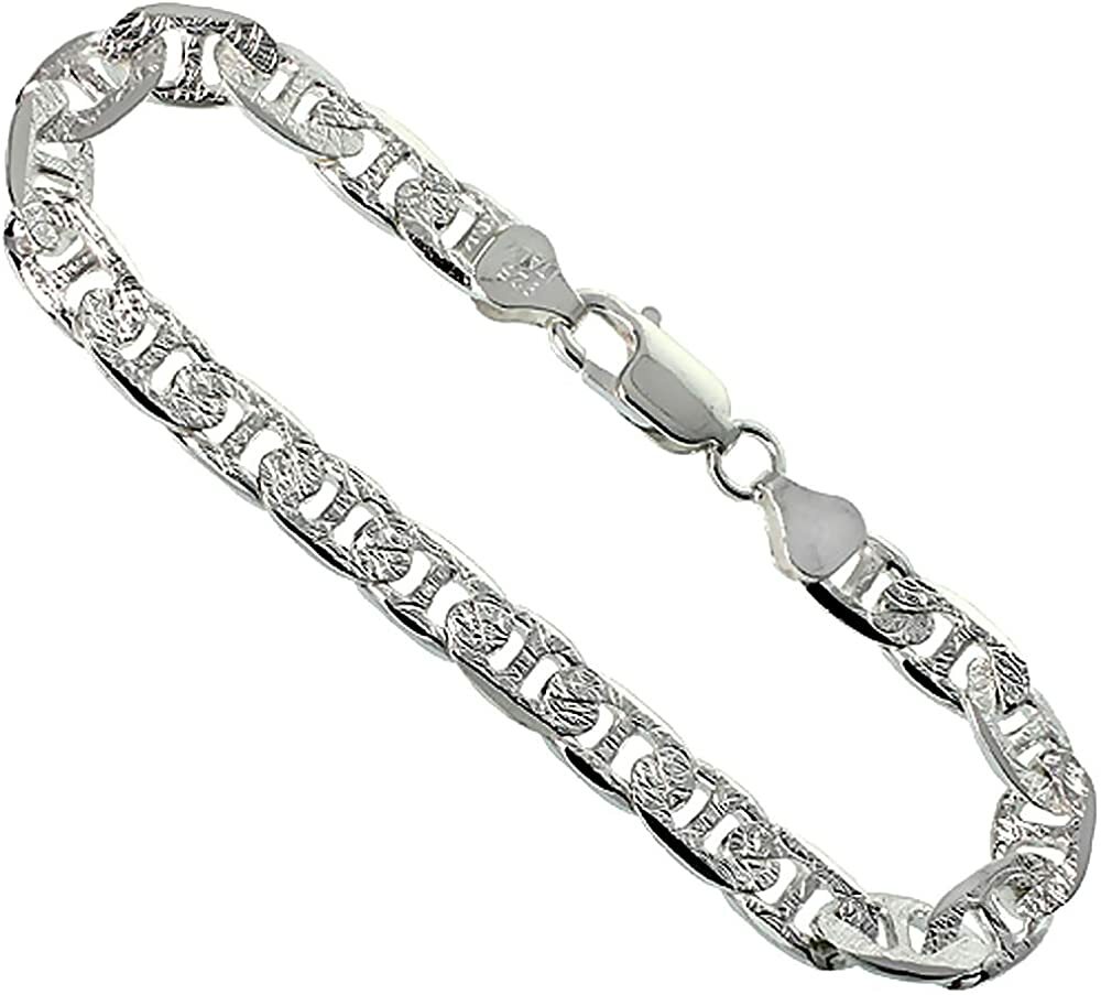 Sterling Silver D/C Flat Mariner Link Chain Necklace Bracelet Italy 8mm, 7″-30″