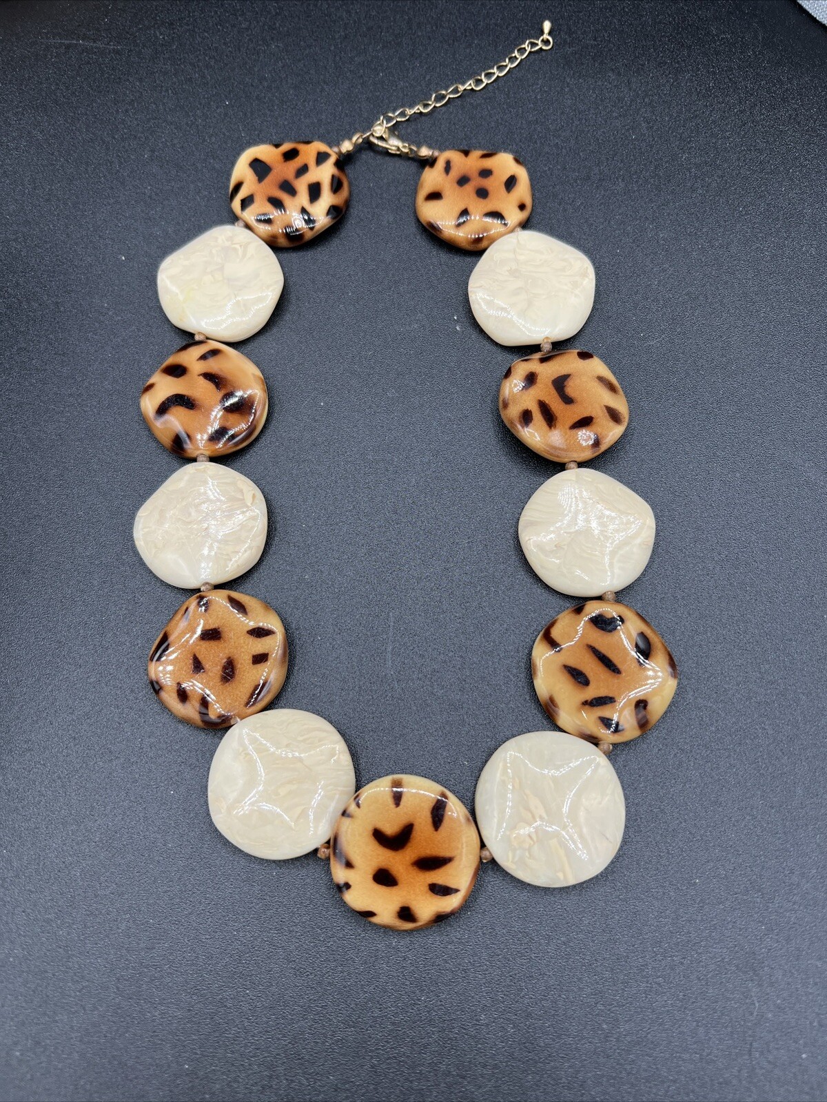Animal Print And Cream Acrylic Disc Necklace 17” + 2” Extender
