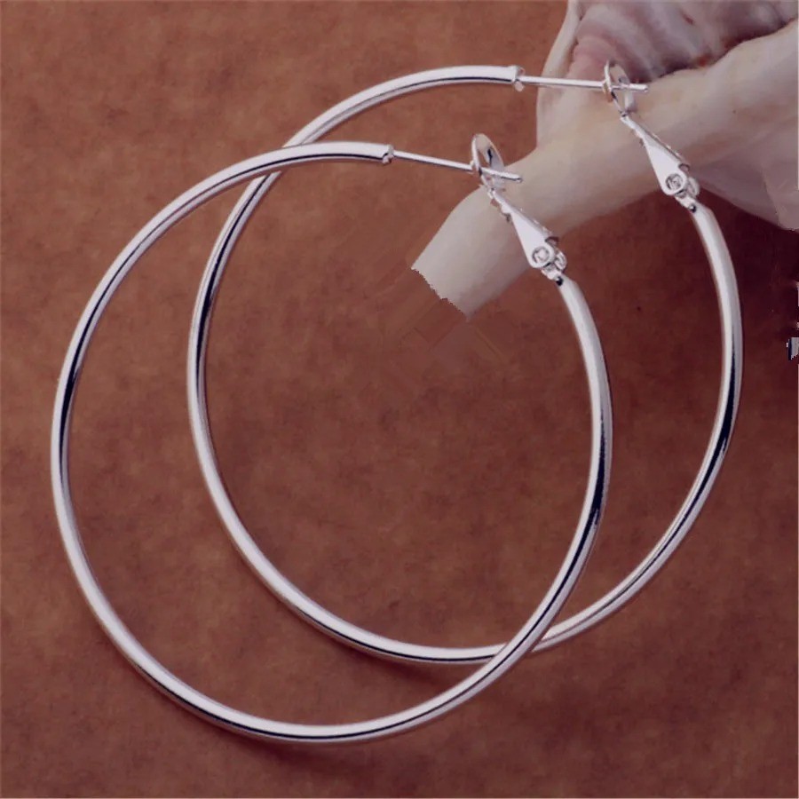 925 Sterling Silver Women Jewelry 50/60/70/80MM Round Big Hoop Earring For Women