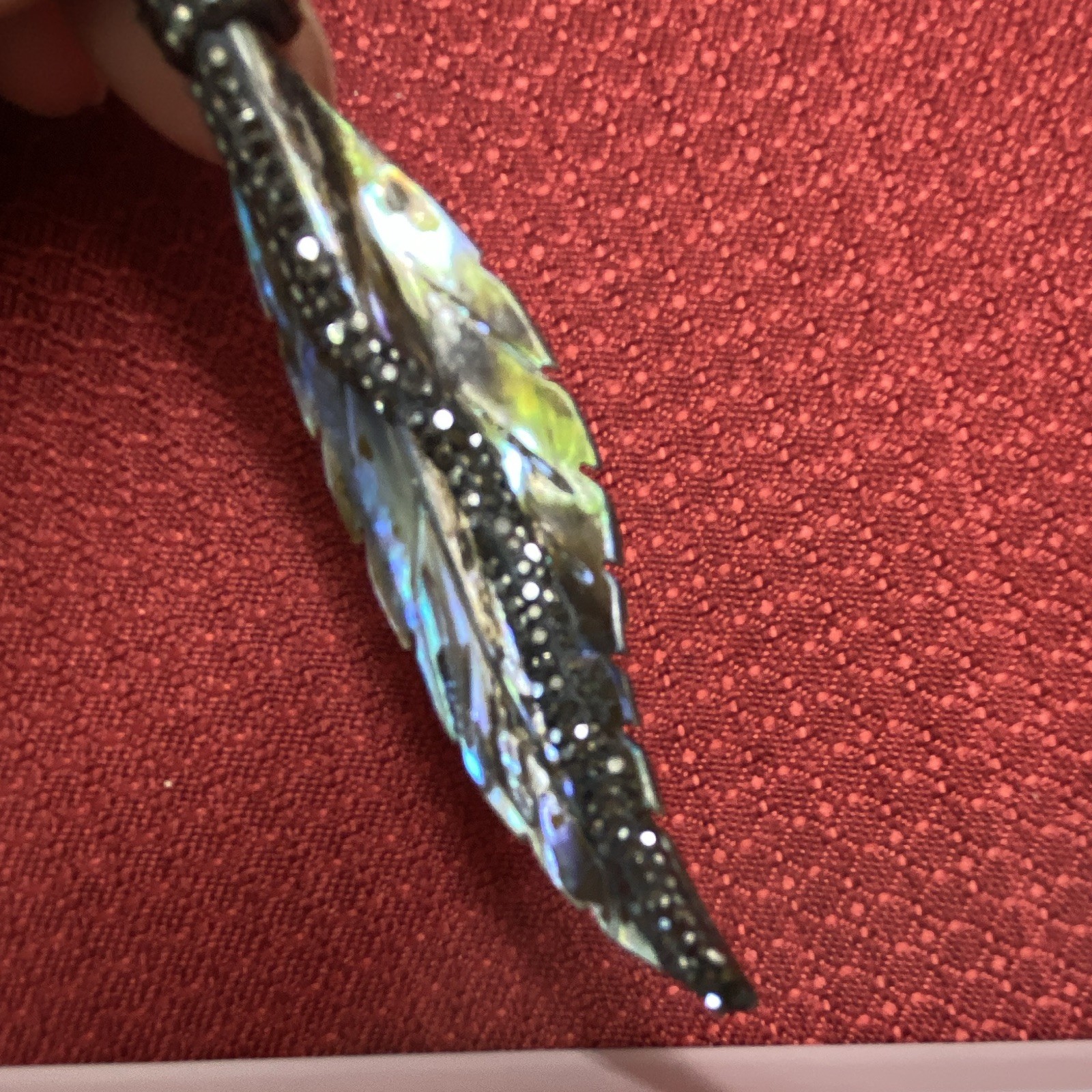 Vintage-Style Carved Abalone Shell Feather Pendant Charm Rhinestone Silver Black