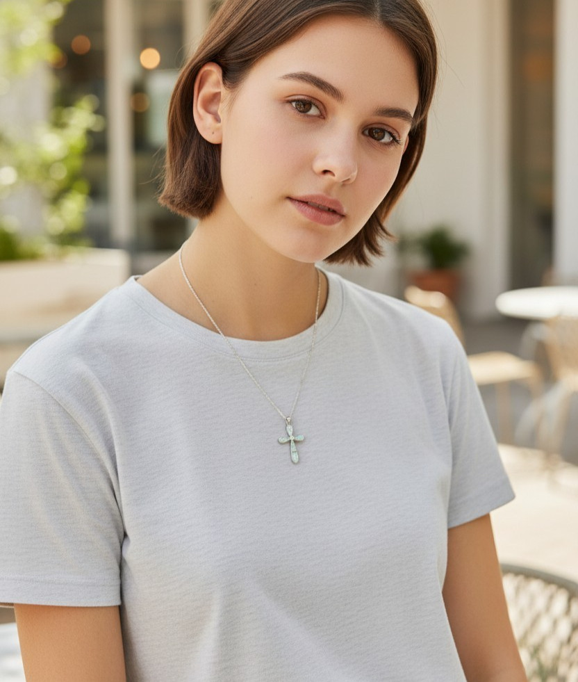 Silver Opal Cross Pendant – Adjustable Necklace – Christian Gift for Her