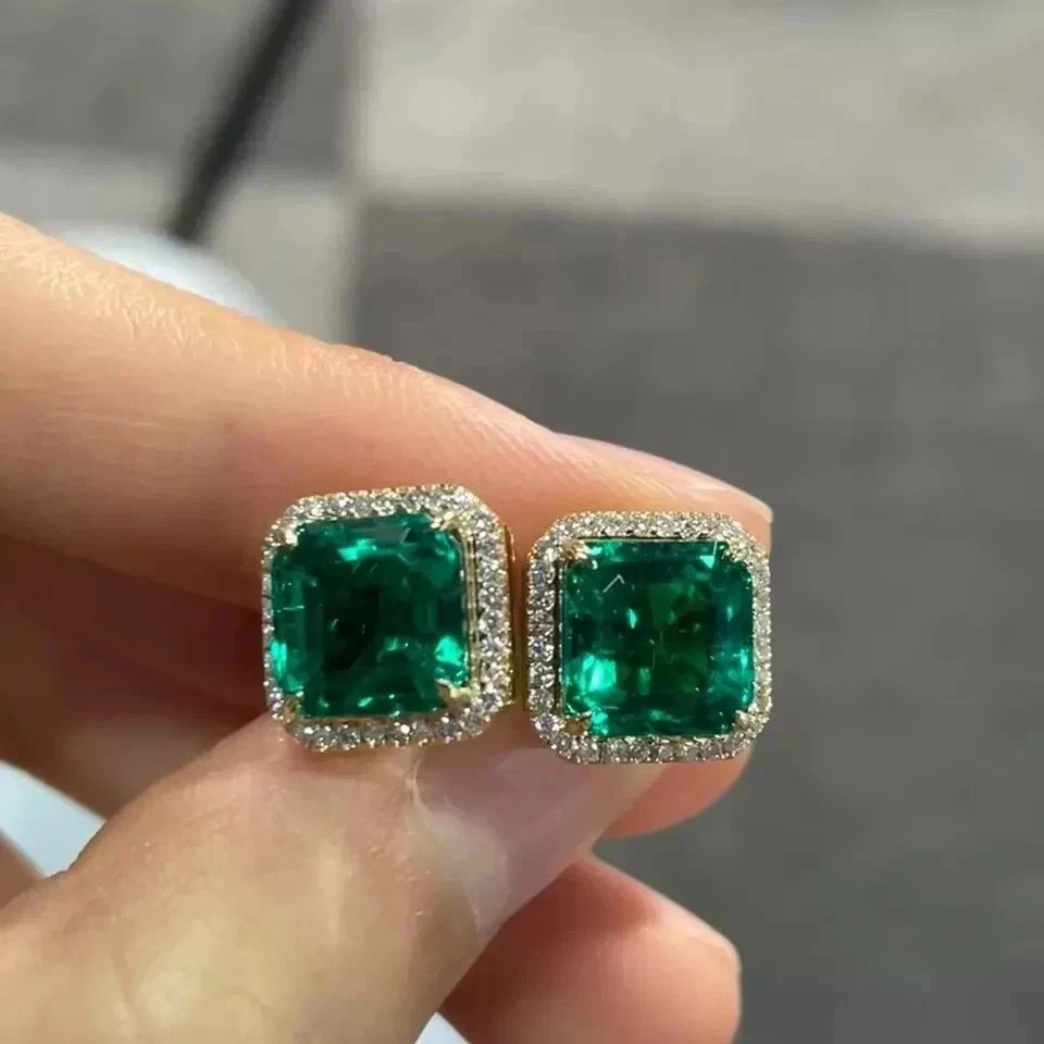 5.99Ct Asscher Natural Columbian Emerald & Diamond Earring Stud 14K Yellow Gold