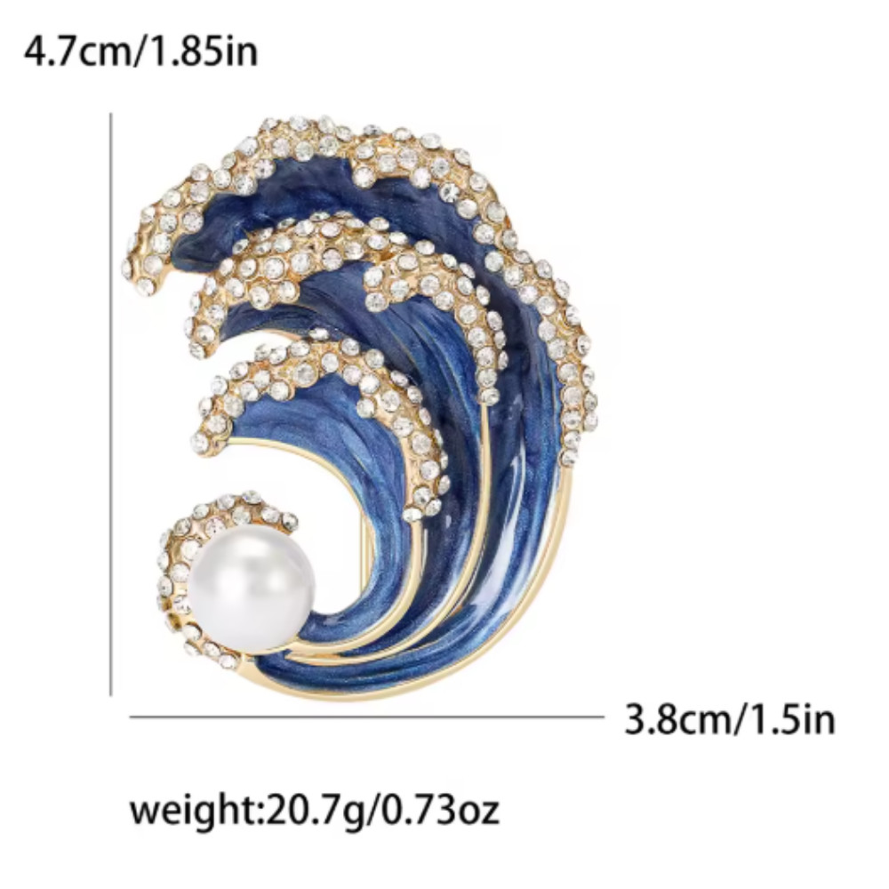 Gold Ocean Wave Blue Brooch – Pearl & Rhinestone Water Pin, Summer Jewelry Gift