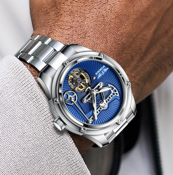 PINDU Men’s Luxury Dress Watch 45.5mm Steel Analog Oil Well Watch Luminous