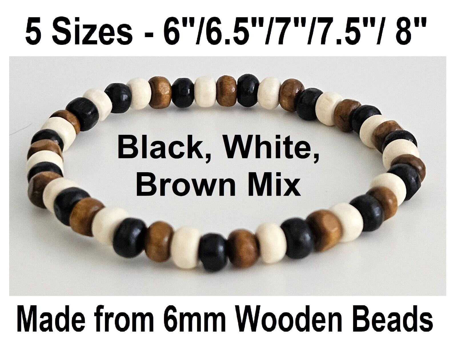 Mens / Womens Wooden Bead Stacker Bracelet – Black White Brown Mix – 5 Sizes