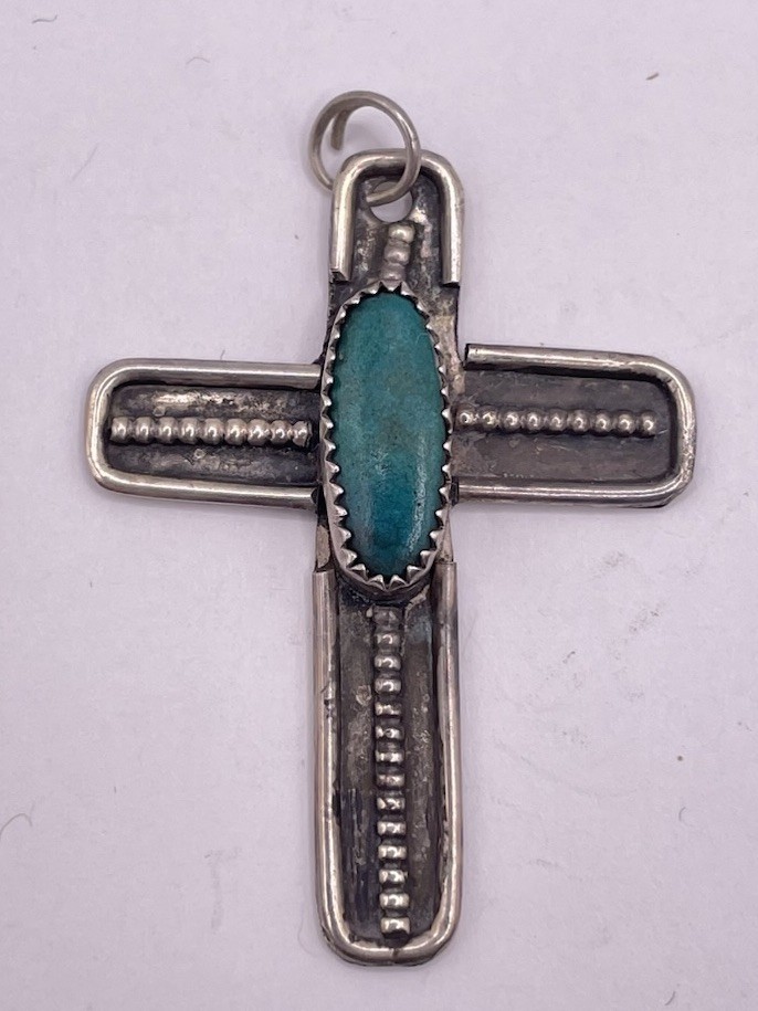 Sterling Silver Zuni Turquoise Small Cross Pendant(6.00g)