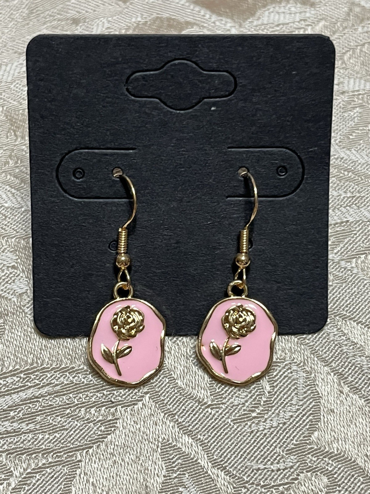 Vintage Gold Rose Pink Enamel Gold Dangle Fashion Bohemian Casual Fun Earrings