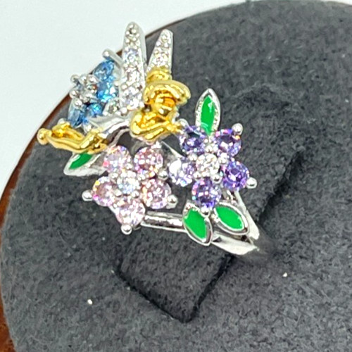 Ring Silver Tone Multi-Color Crystal Flowers w/Gold & Silver Flying Fairy Size 6
