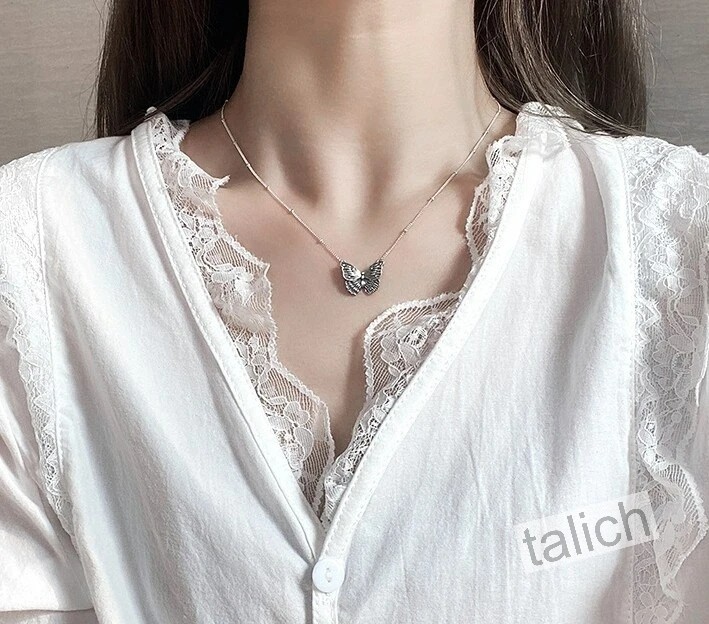 925 Sterling Silver Open Wing Butterfly Pendant Slender Chain Necklace Chic