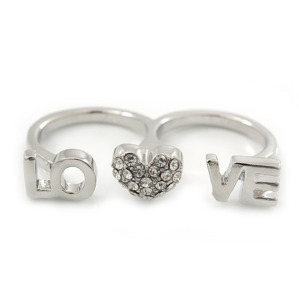 Rhodium Plated Double Finger Diamante ‘Love & Heart’ Ring – Size 7&8