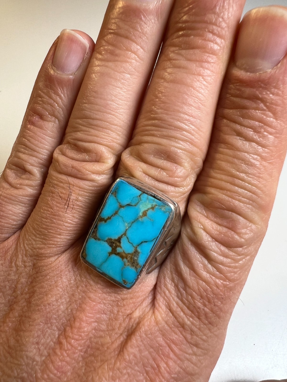 Vintage Navajo Sterling Silver & Large Rectangular Turquoise Cabochon Ring sz 11
