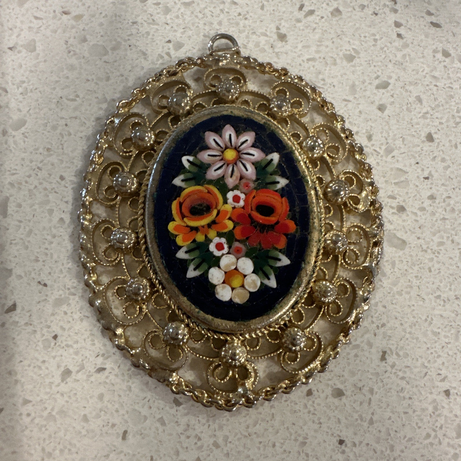 Vintage Millefiori Micromosaic Pendant Necklace Italian Oval Flower