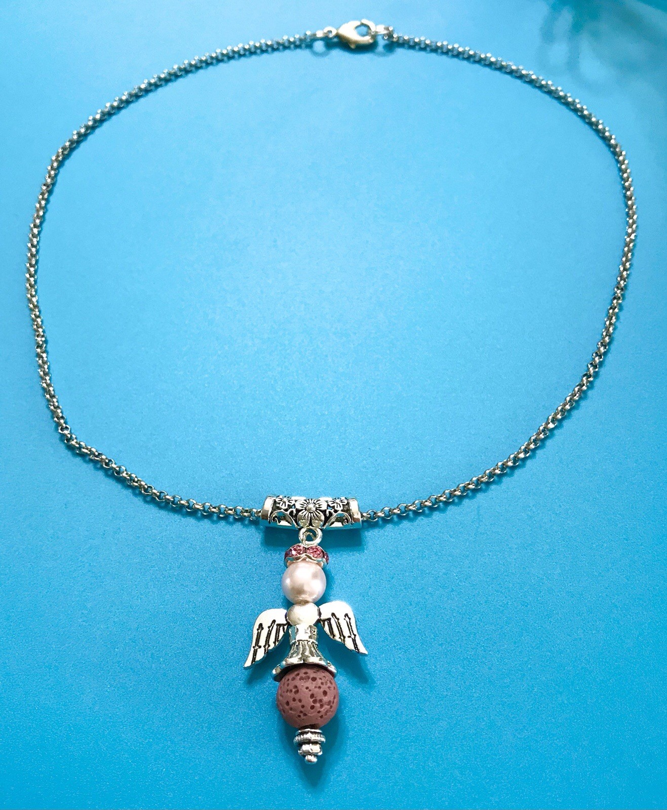 Handmade Diffuser Angel Wing Mauve Lava Bead Pink Glass Pearl Pendant Rolo Chain