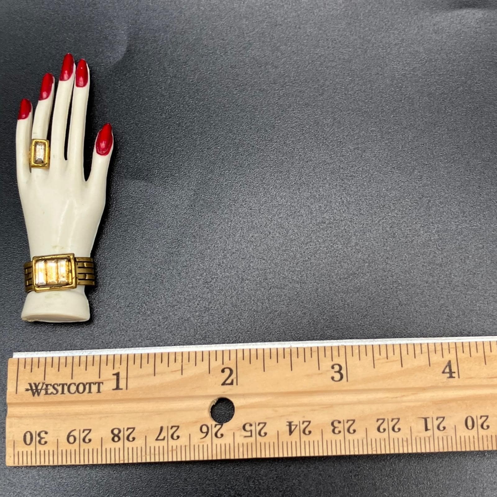 Vintage Hand Brooch White Plastic Figural Pin Gold Ring Bracelet Red Nails MCM