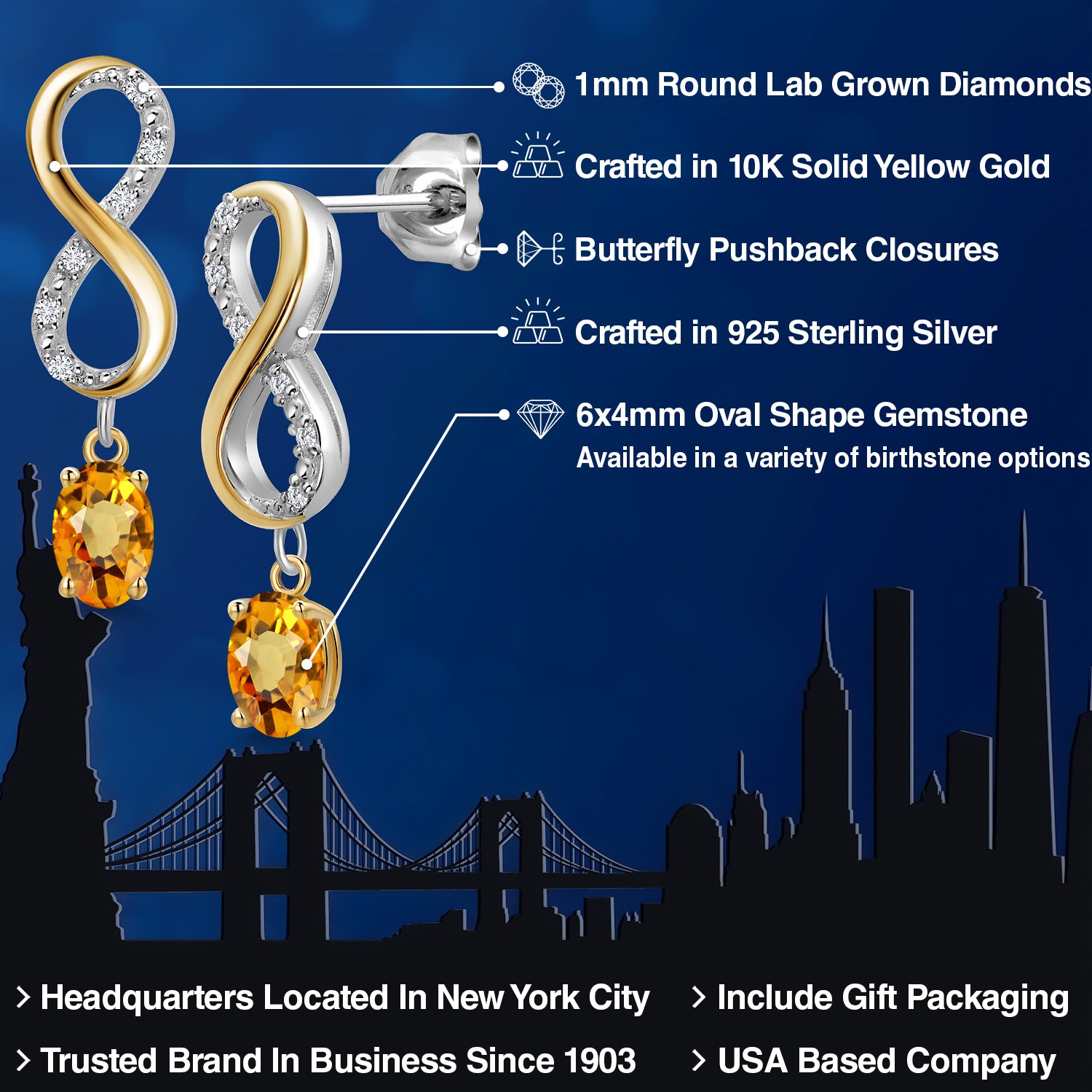 925 Silver and 10K Yellow Gold Yellow Sapphire and Lab Grown Diamond Dangle