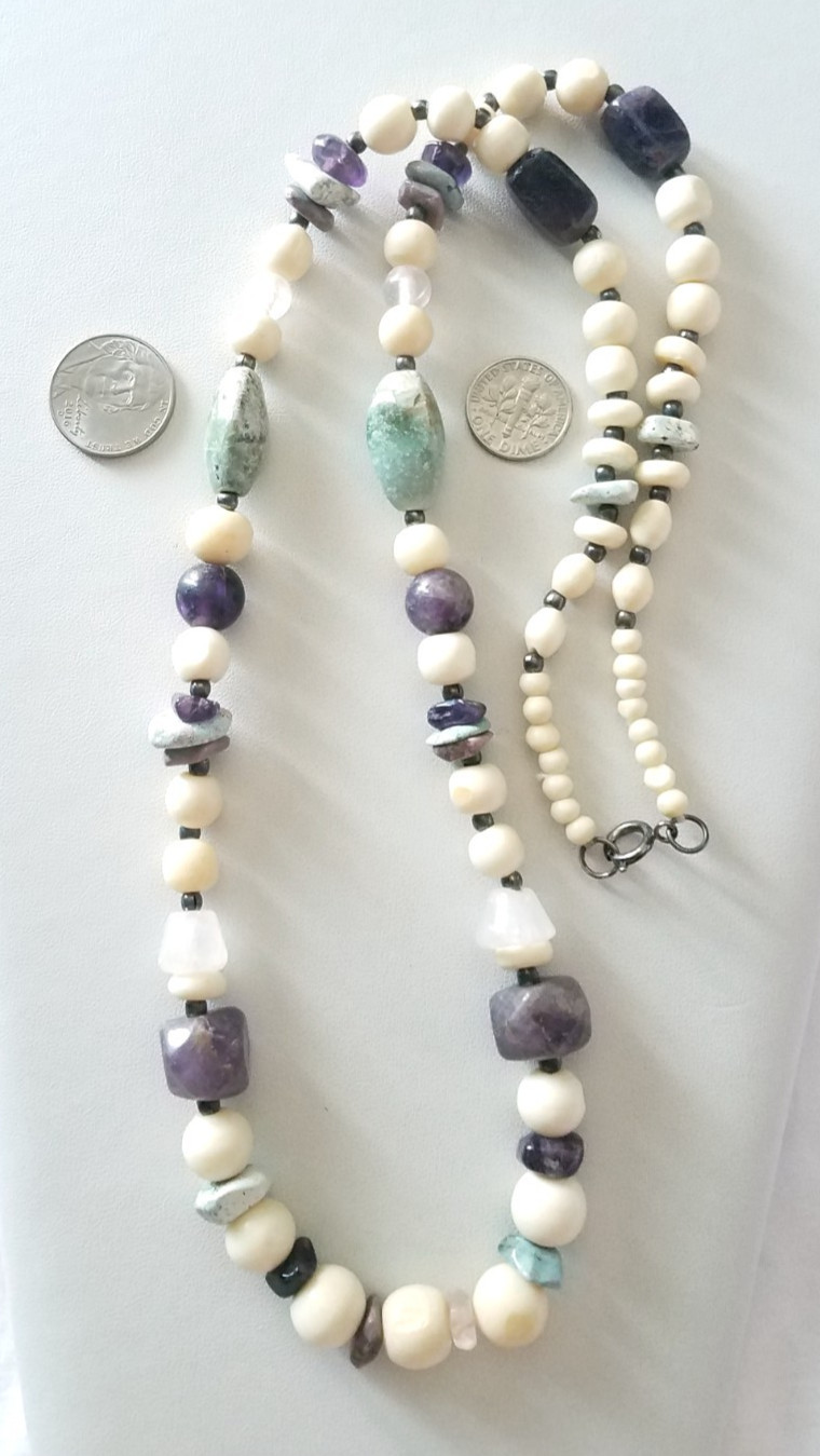Vintage Multi Color Stone and Bovine Bead Necklace 28″ = DEAL