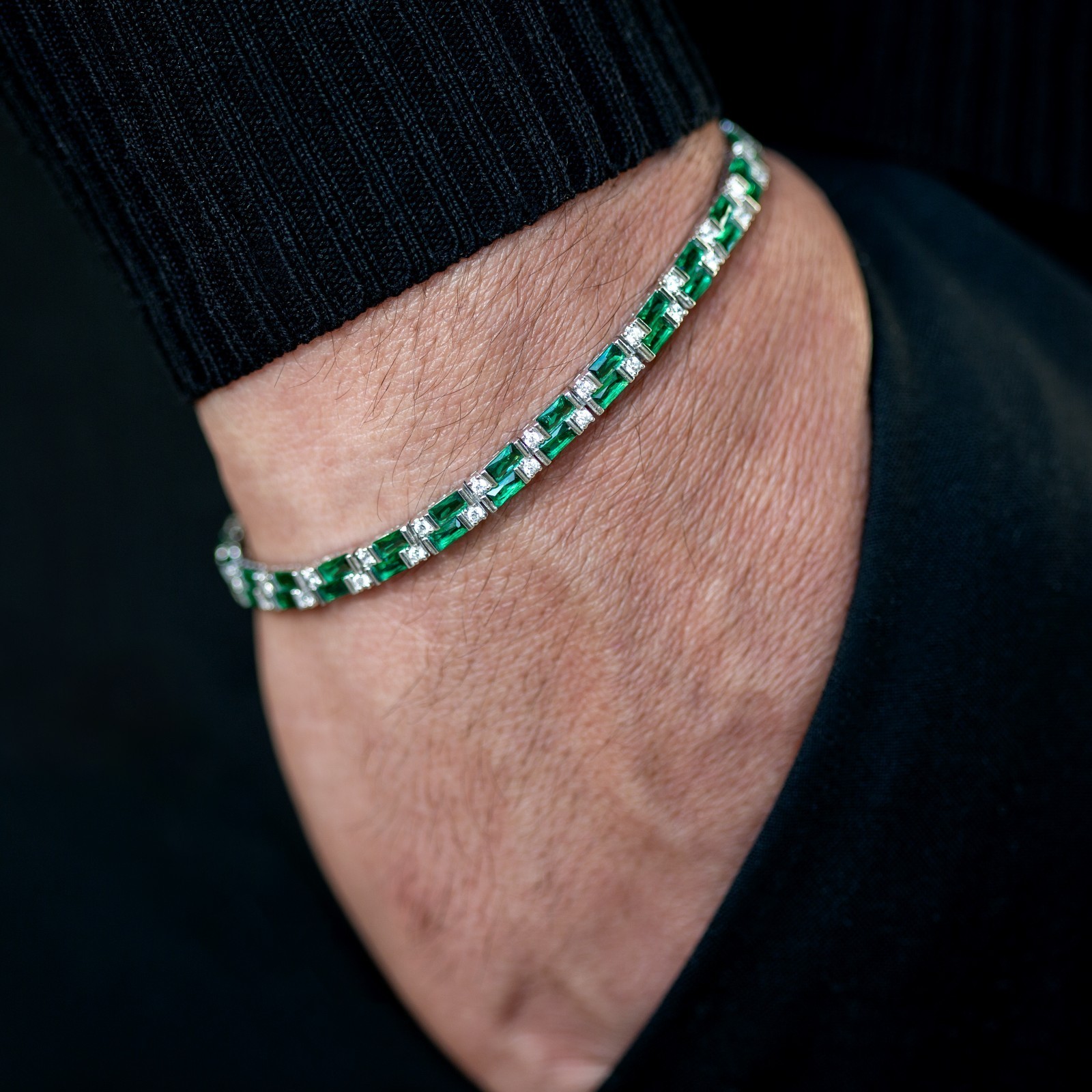 Green Zircon Gemstone Handmade 925k Silver Chain Tennis Bracelet for Men