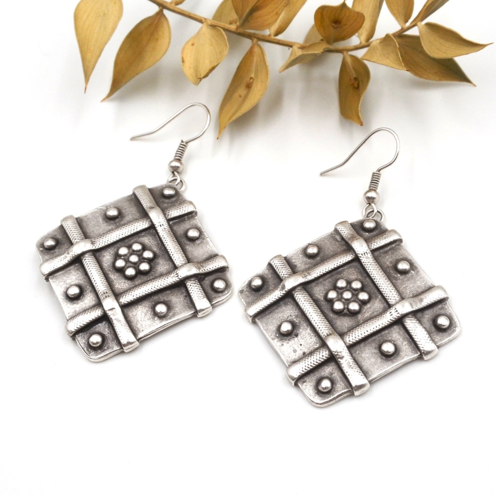 Antique Silver Ottoman Door Panel Dangle Earrings Geometric Tribal Boho Jewelry