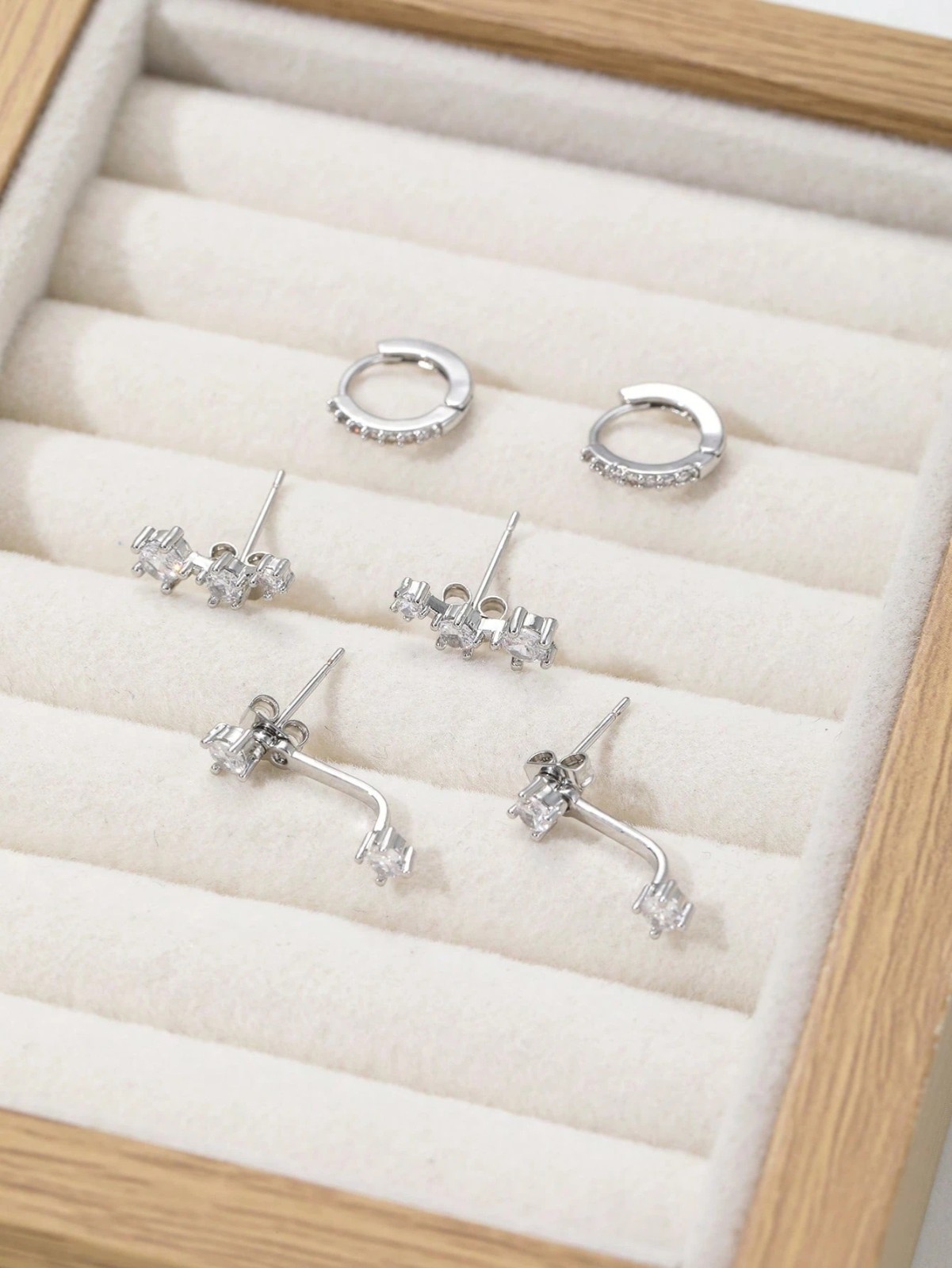 Dainty CZ Huggie Hoop Climber Stud Earrings Set Gold Tone Women 3 Pairs