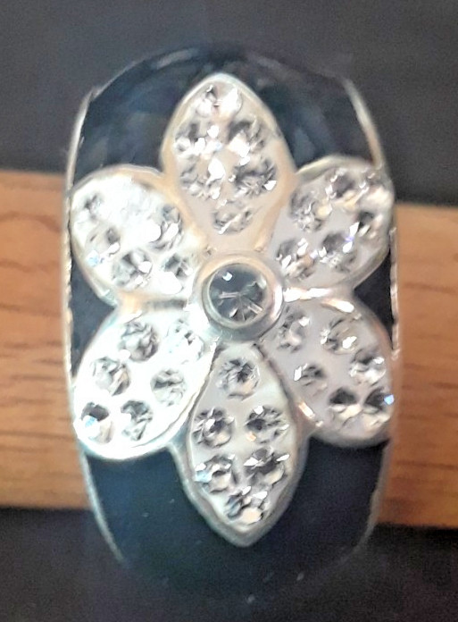 Vintage Sterling Silver & Black Enamel Crystal Flower Ring By CA Sz 9/19.2mm