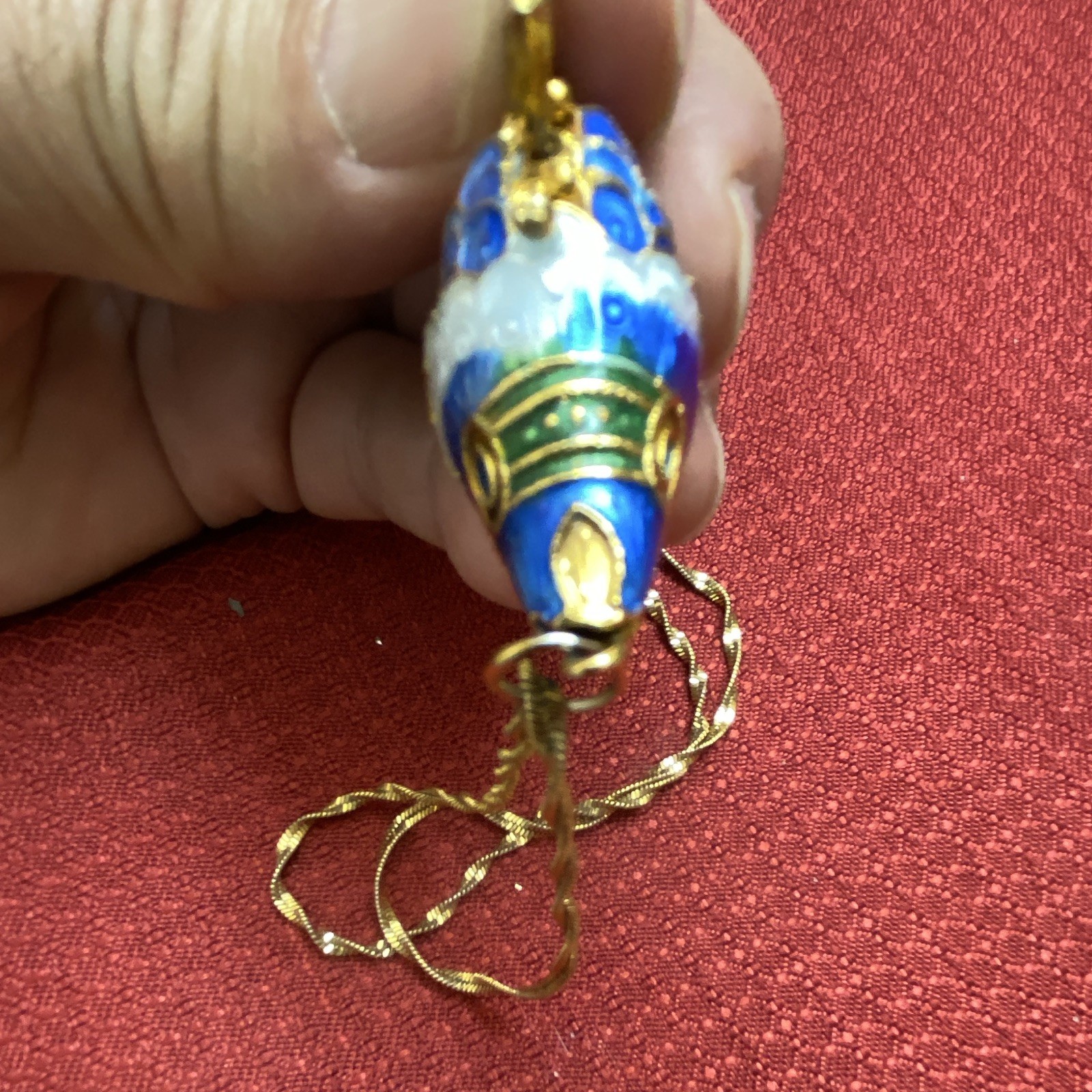 VTG Chinese Cloisonné Articulated Fish Pendant 25.5” Chain Reversible Blue