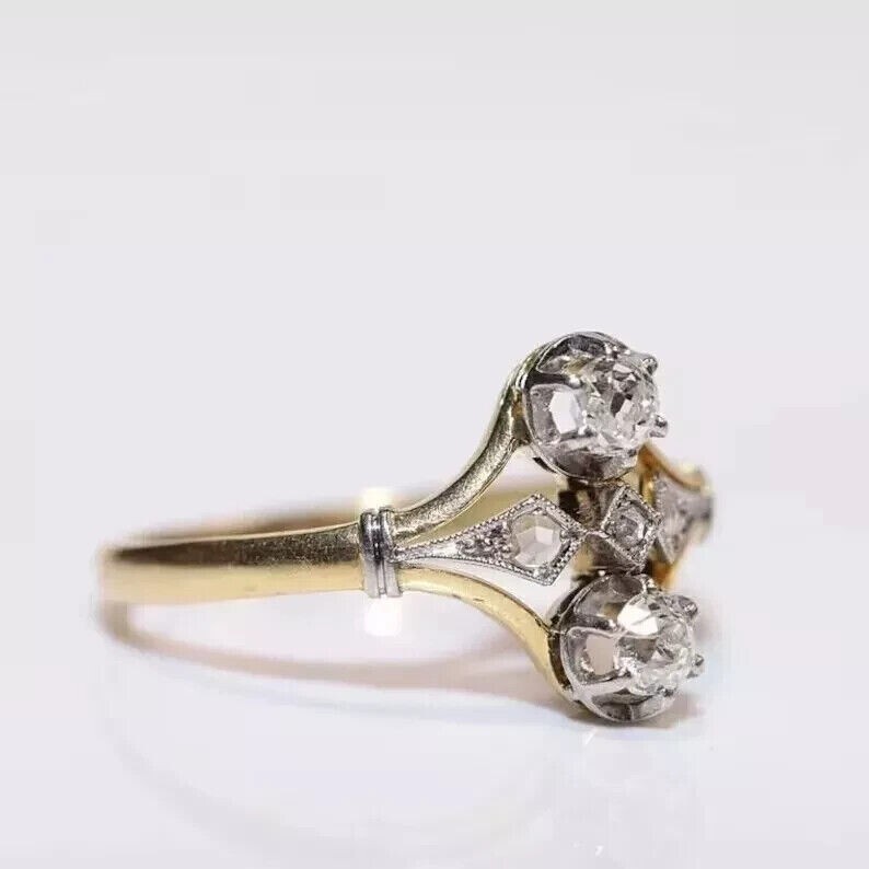Vintage 1Ct Round Two Stone Diamond Engagement Ring 14K Yellow Gold Over Size 7