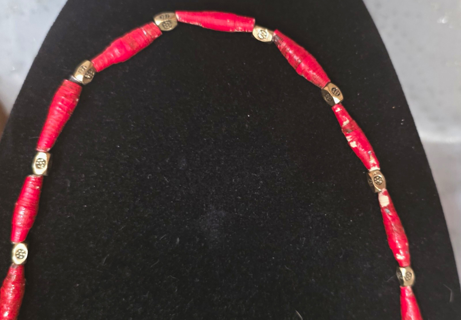 Red Beaded Necklace with Silver-Tone Spacer Beads, Metal Chain