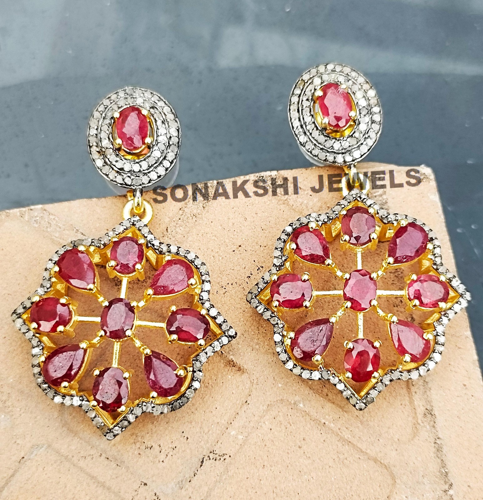 Designer Ruby Gemstone Earring Handmade Design Pave Diamond Earring