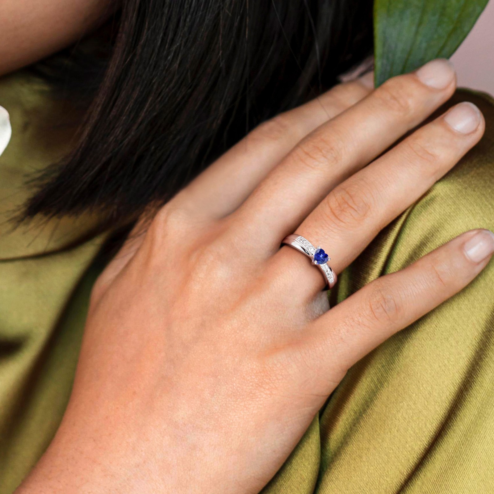 Amour Sterling Silver Created Blue Sapphire and Round Cut Diamond Heart Ring