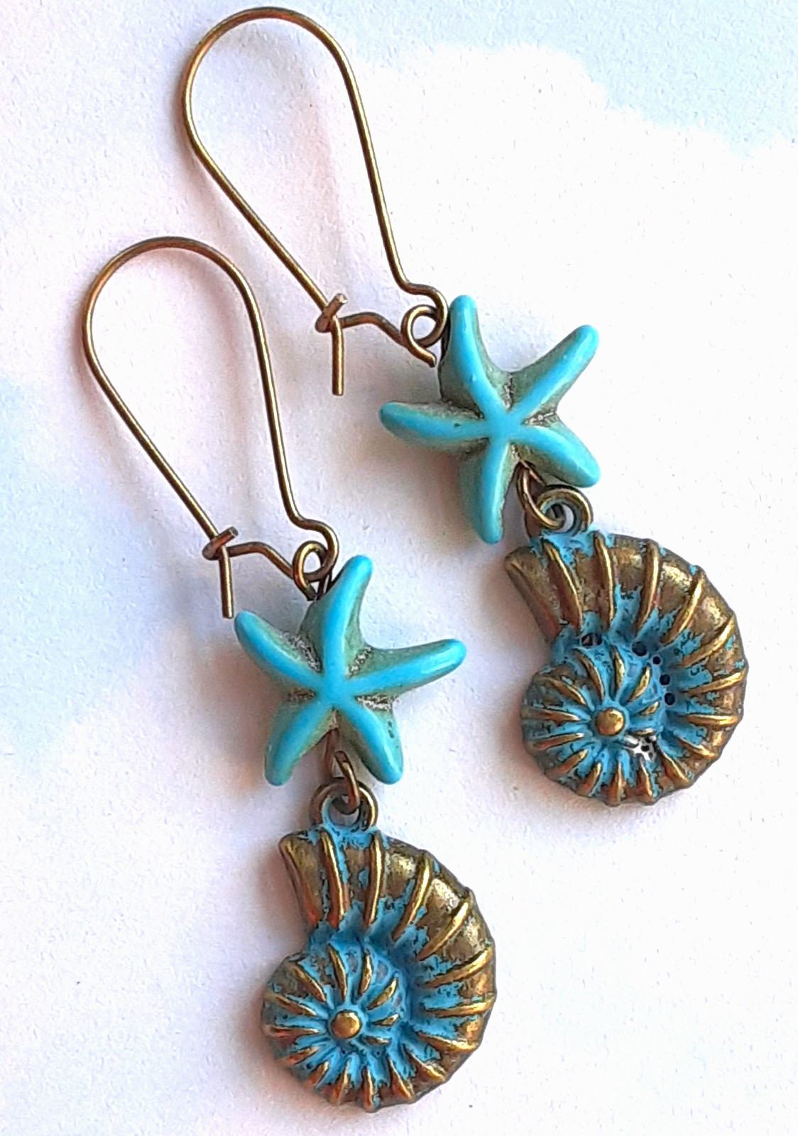 BLUE PATINA NAUTILUS shape HOWLITE earring BRONZE KIDNEY WIRE handcrafted ACTA