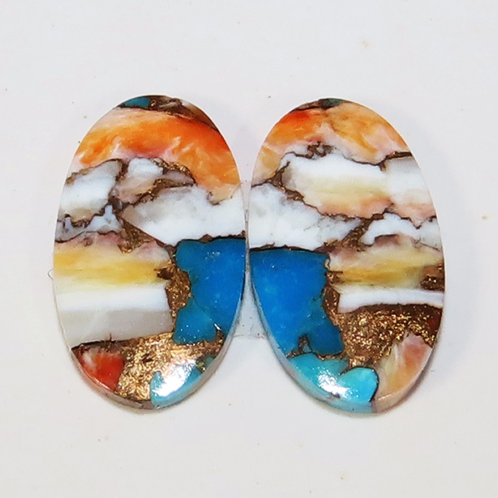 Oval Spiny Oyster Turquoise Pair Opaque Treated Gemstone 23.10 Carat. 13x23x3 mm