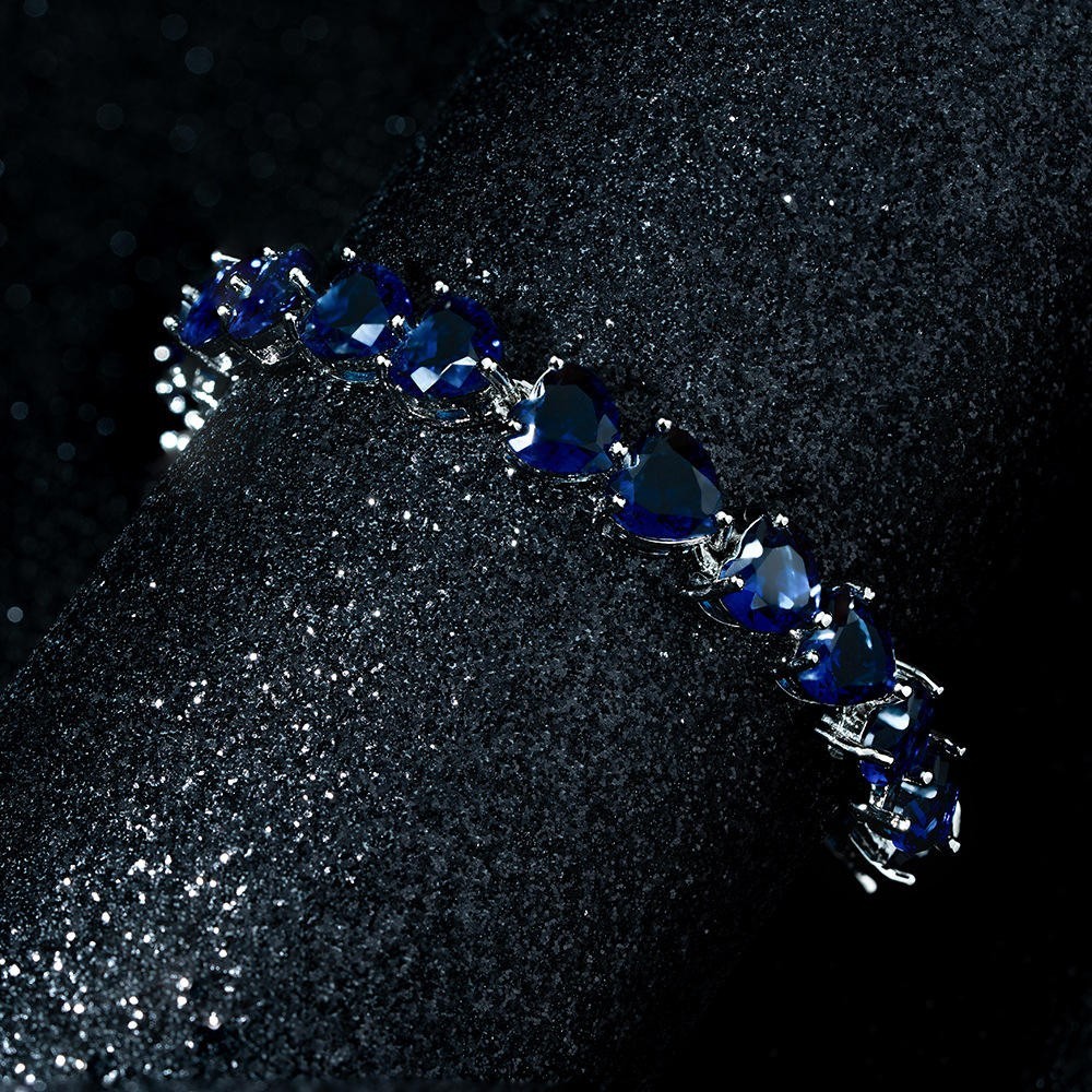 925 Sterling Silver Heart Shape Blue Sapphire Wedding Tennis Bracelet For Women