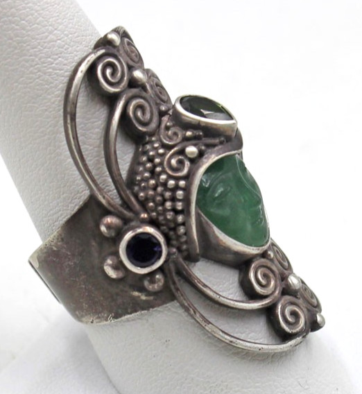 Sajen Sterling Silver Carved Green Gemstone Goddess Face Ring Size 9 Adjustable