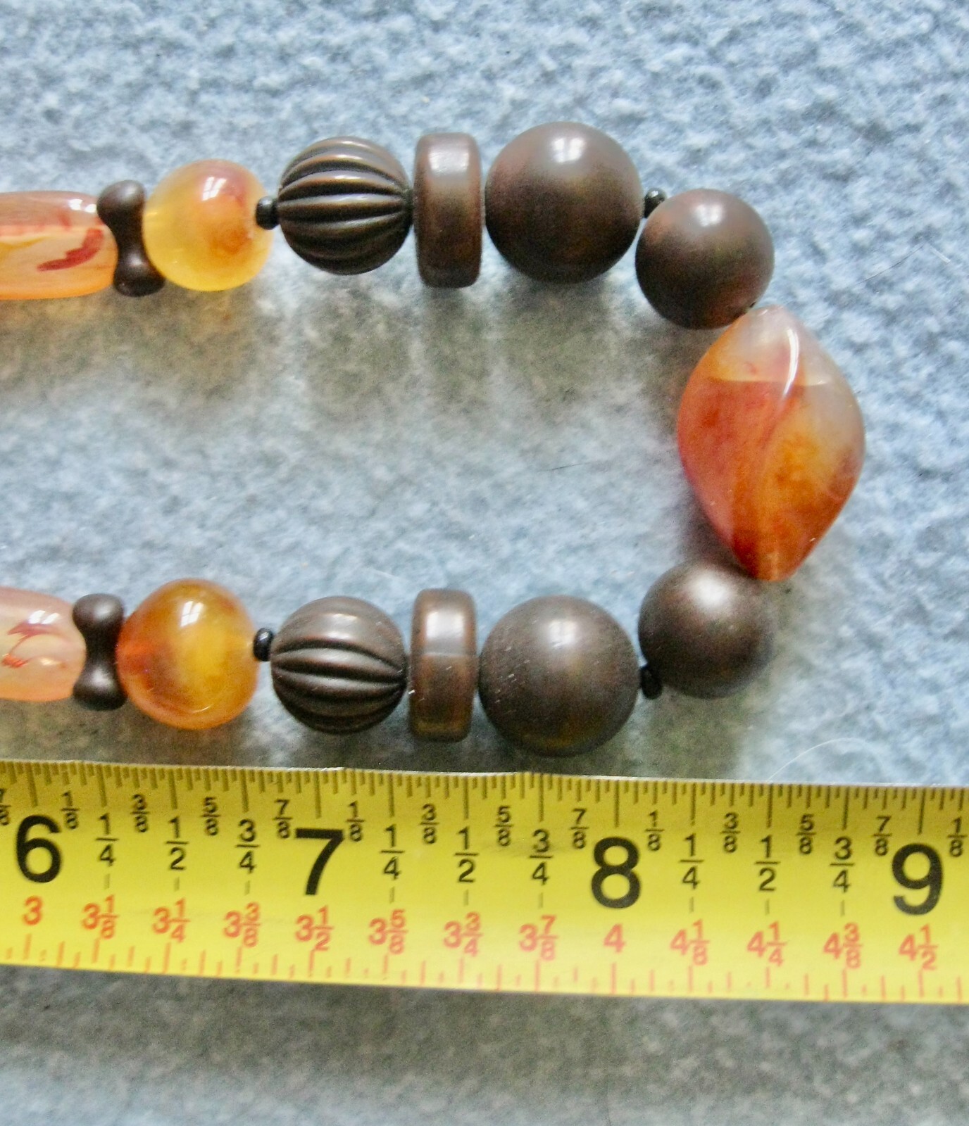Choker Orange & Brown Beads Spring Ring Clasp; 6″ Diam or 9″ Drop; Quartz?