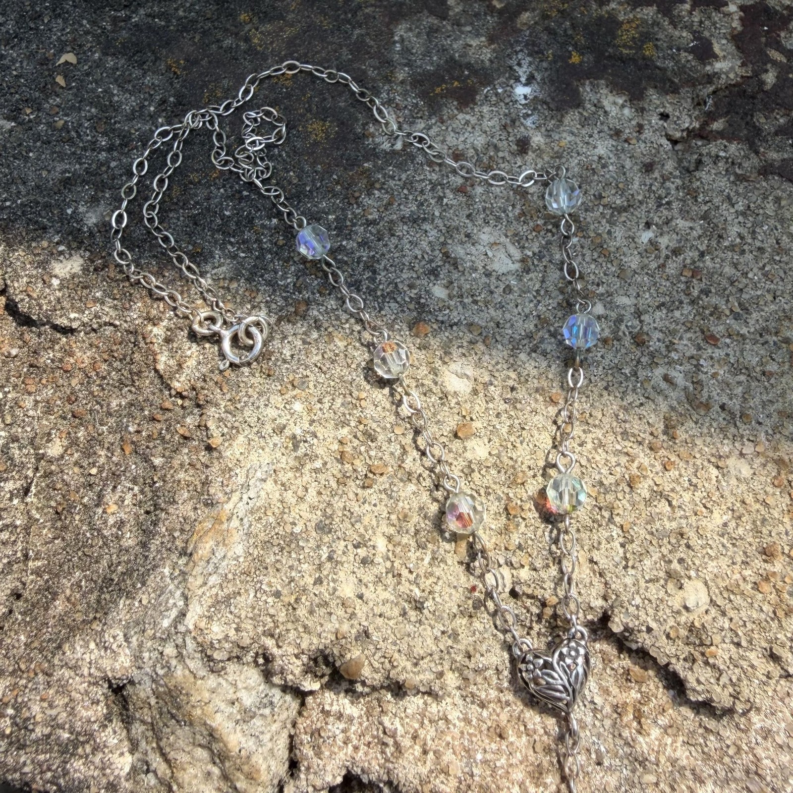 Sterling Silver Lariat Necklace Openwork Heart Pendant Faceted Crystals