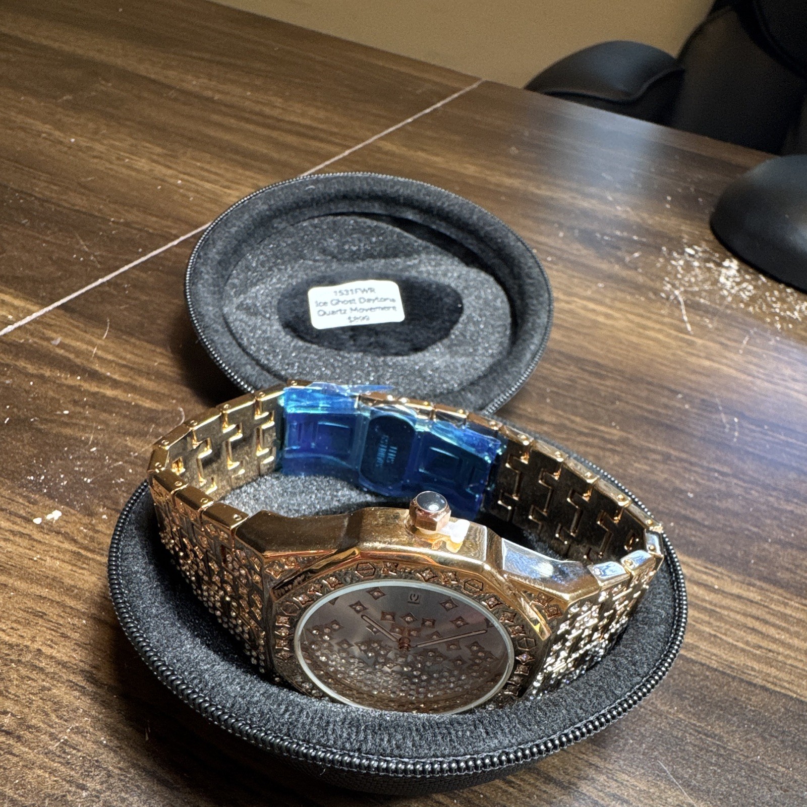 Ice Ghost Daytona Quartz Gold Tone Octagon Diamond Bezel Bracelet Date