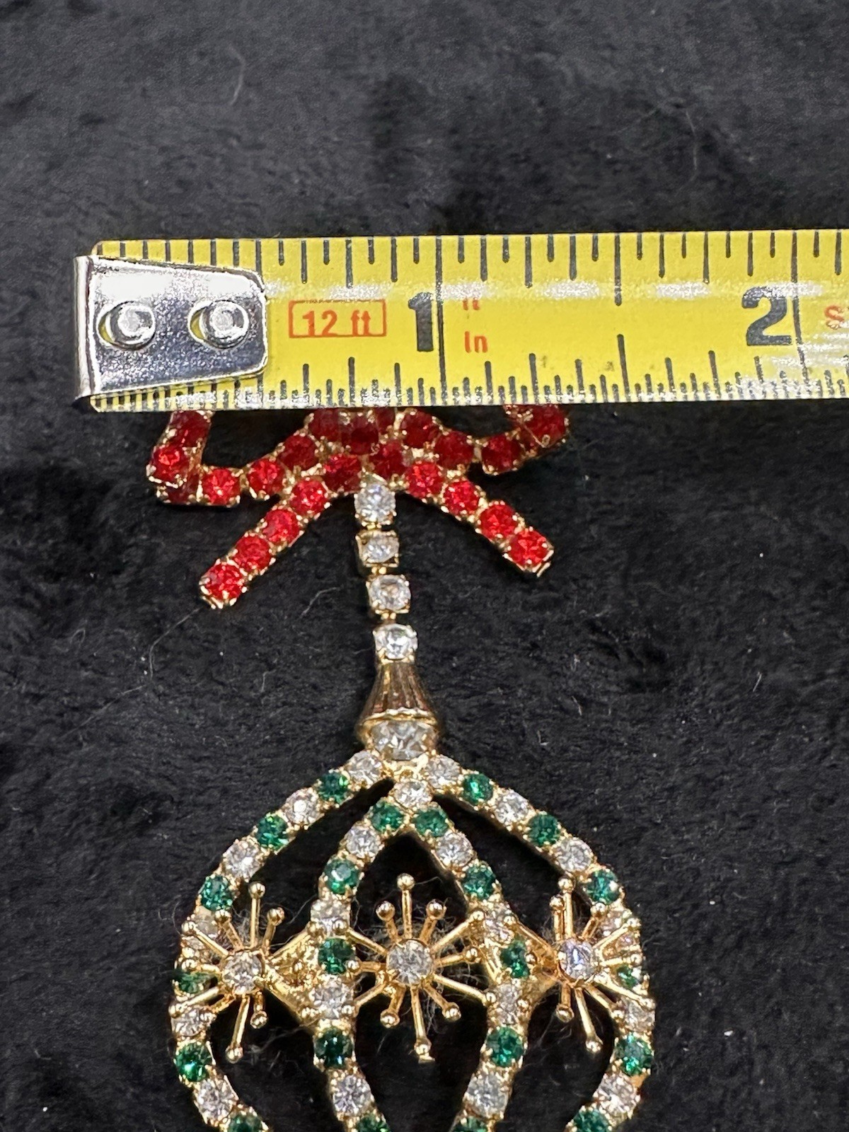 Vintage Dangling Christmas Ornament Brooch Gold-tone Red Green Clear Rhinestones