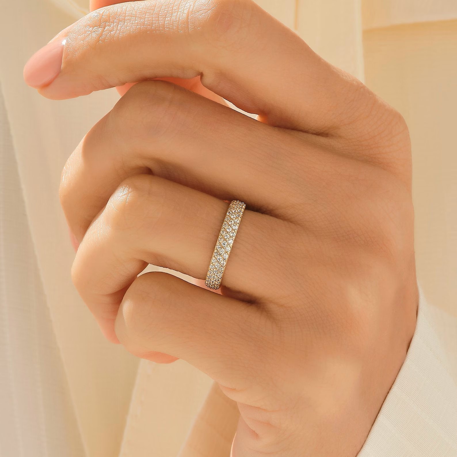 Minimalist Dome Ring Pave Moissanite Eternity Band Ring Solid 14k Yellow Gold