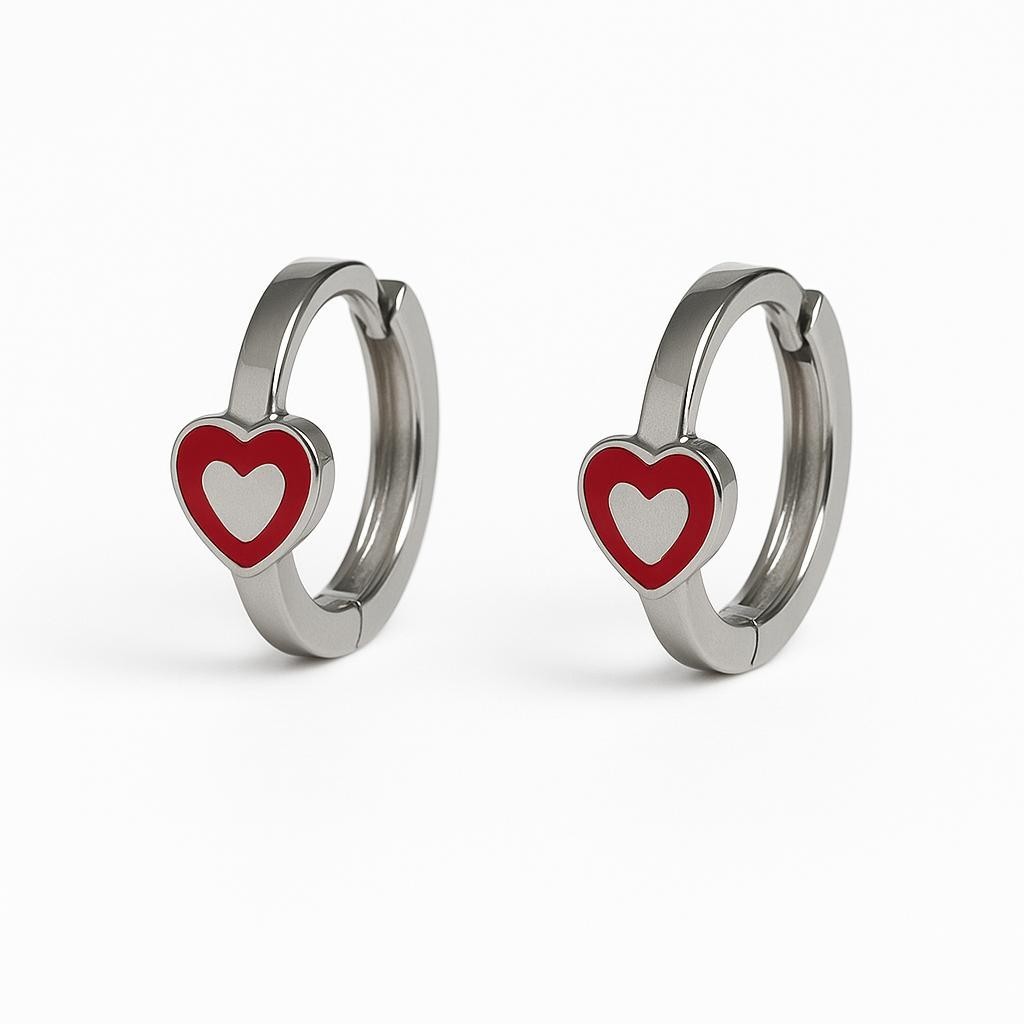 Silver 925 Ladies Girls Hoop Heart Hinged Hinge 11x2mm Heart Red Painted