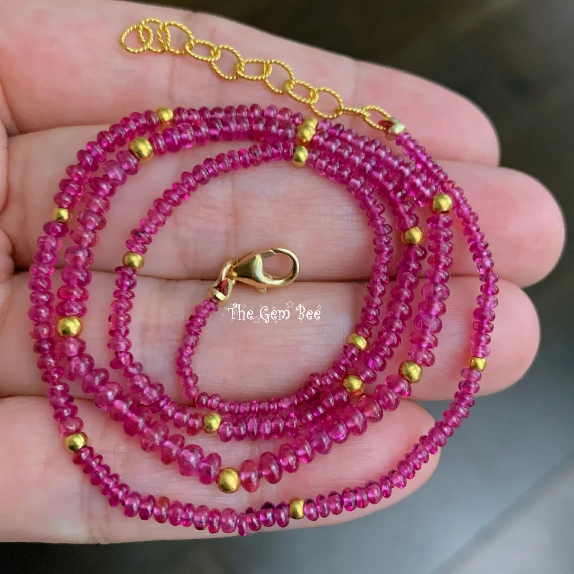 18K Yellow Gold Gem Grade No Heat Ruby Smooth Rondelle Bead Necklace 17″-18.5″