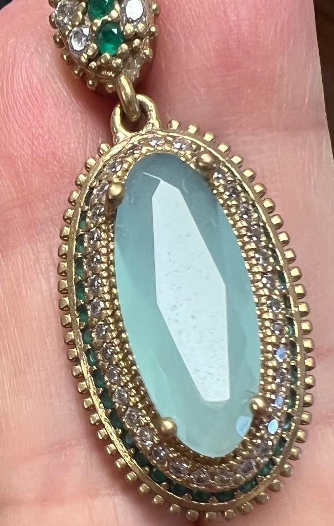 REAL Milky Aquamarine 14K Gold on SOLID 925 White Sapphire Victorian Rev Oblong